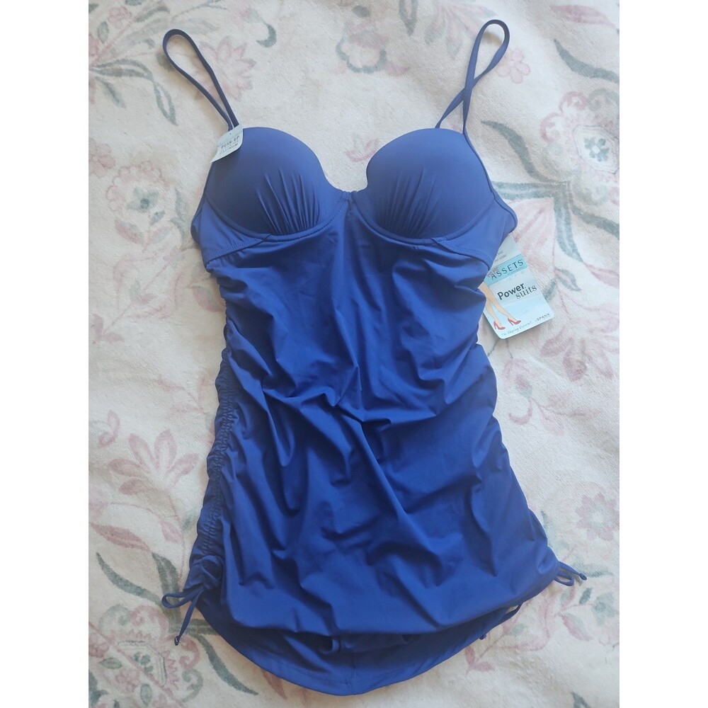 ASSETS SPANX SHIRRED UNDERWIRE PUSH UP SWIMSUIT SWIMDRESS SZ LG PIN-UP GIRL